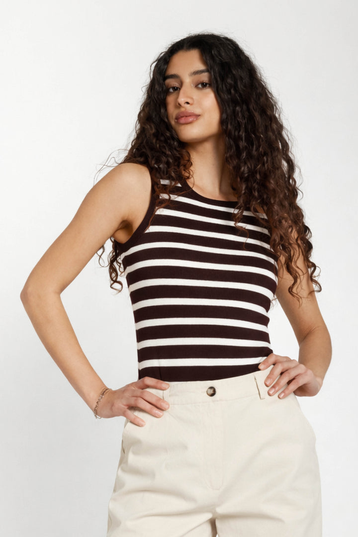 Bruuns Bazaar Women IguanuraBBBoat neck tank top T-shirts Brown stripe